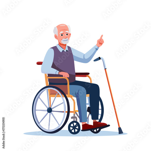 Handsome senior man sitting in wheelchair showing something and standing with walking walking stick. Isolated vector illustration set