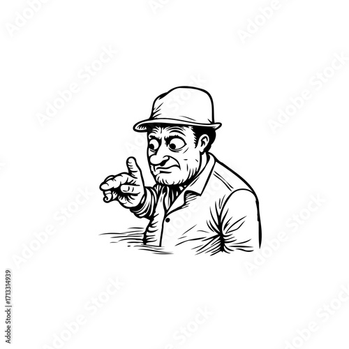 Expressive character illustration depicting a pointing man wearing a fedora with humorous and