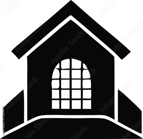 Iconic silhouette of a classic building facade with a distinctive arched window and gable roofline perfect for architectural design and symbolism