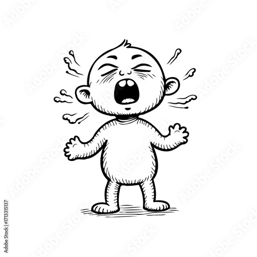 Expressive line art depicts a distressed infant loudly protesting with vigorous emotion and