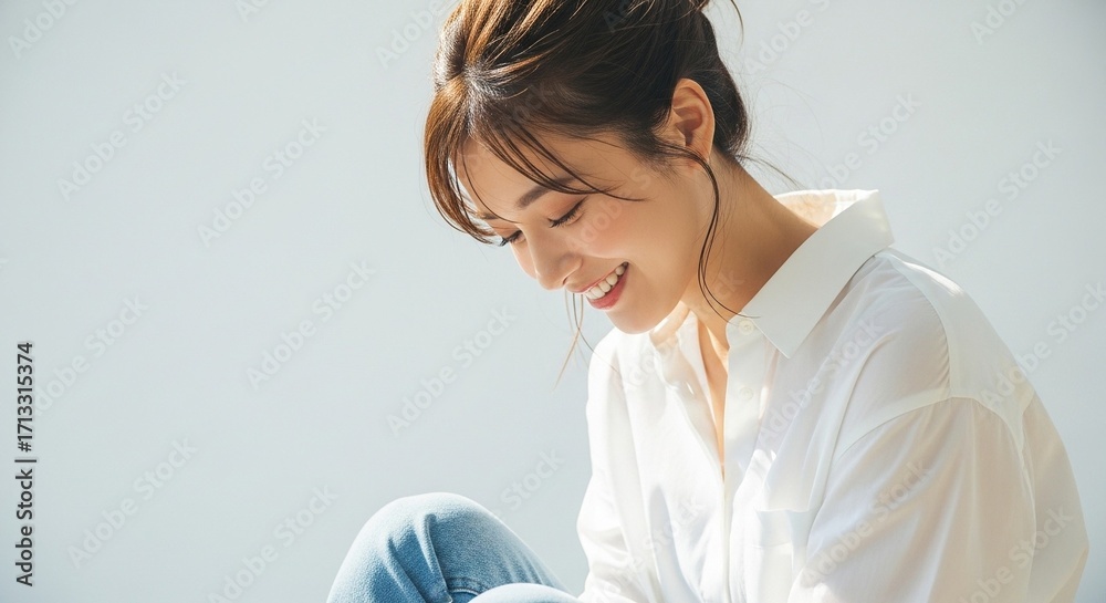 Fototapeta premium 透明感あふれる笑顔：オーバーサイズのシャツとジーンズを着用してリラックスしている日本人女性