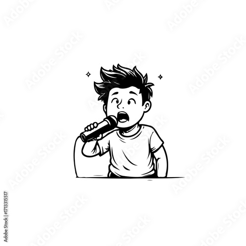 Expressive young boy passionately singing into microphone displaying talent and energy for