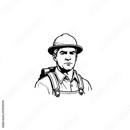 Focused Construction Worker Illustration with Protective Gear and Serious Expression in Black and