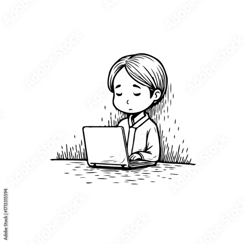 Focused little programmer engrossed in laptop screen creating code or designing website for