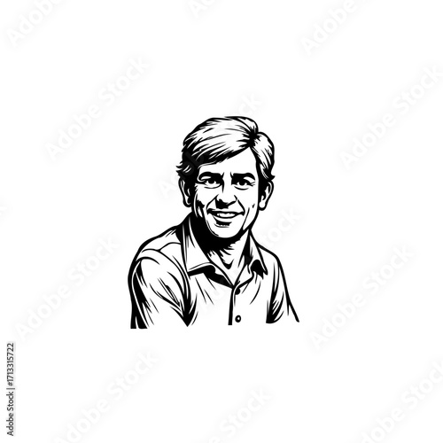 Graphic portrait of a happy mature man with joyful expression in black and white vector illustration