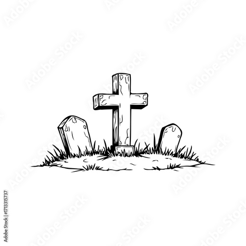 Graveyard sketch with a central cross and tombstones in a monochrome artistic representation