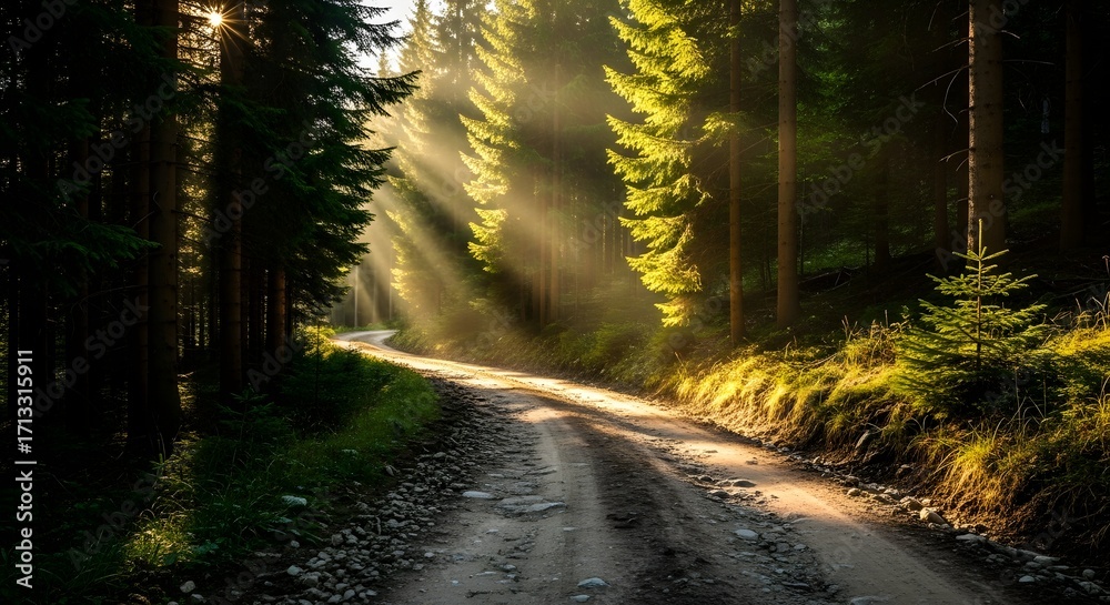 Fototapeta premium Sunbeams illuminate a dirt road winding through a dense evergreen forest.