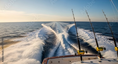 Fishing boat speeding through the ocean leaving a wake.