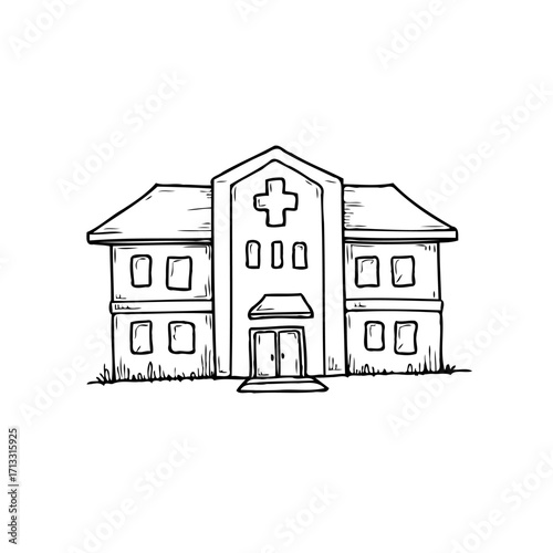 Hand drawn hospital building illustration presenting medical services and architecture with