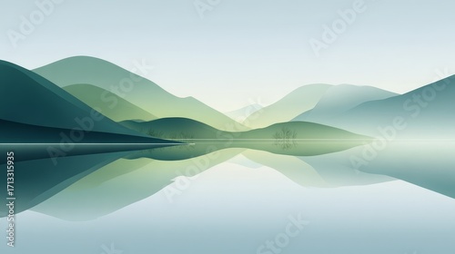A tranquil landscape featuring a calm lake reflecting rolling green mountains under a soft sky, creating a peaceful and picturesque scene.