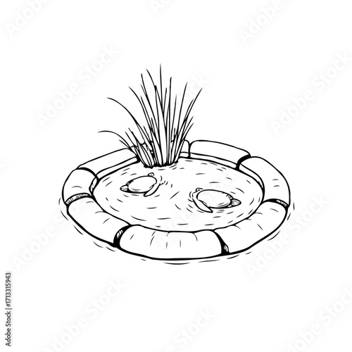 Hand drawn illustration of a small pond with plants and stones encircling it depicting tranquility