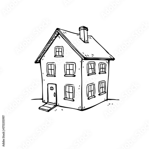 Hand drawn monochromatic house facade illustration with chimney and windows a comforting cozy home