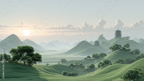 A tranquil landscape featuring rolling green hills, traditional pagodas, and a soft sky with scattered clouds.