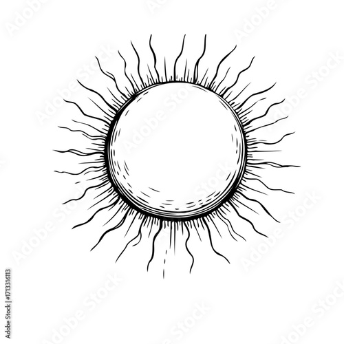 Hand Drawn Sun Illustration Depicts Radiating Energy and Celestial Body On Isolated White Background