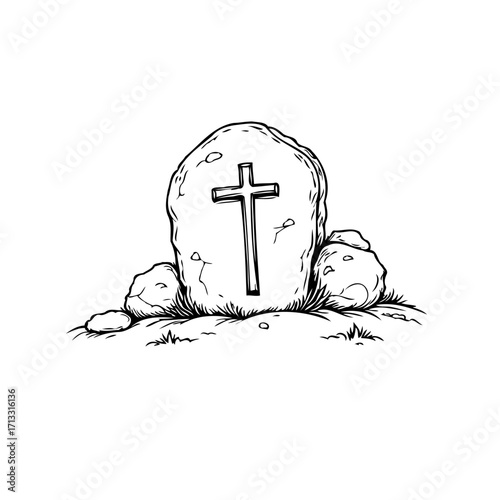 Hand drawn tombstone illustration with religious cross marking the final resting place depicted in