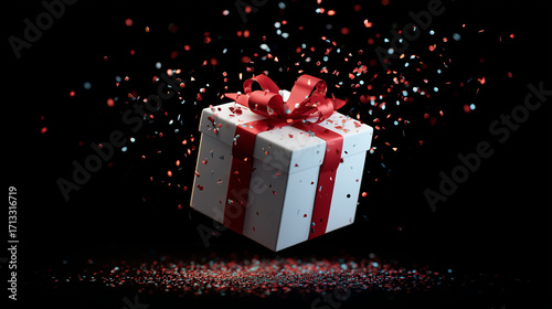 Floating gift box with red ribbon and confetti.