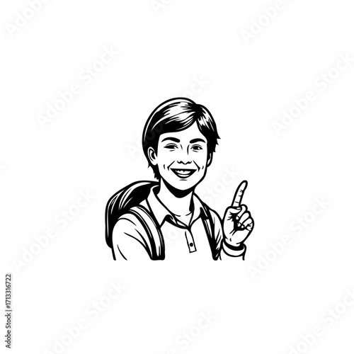 Illustration of a cheerful young student with backpack pointing upward expressing idea concept