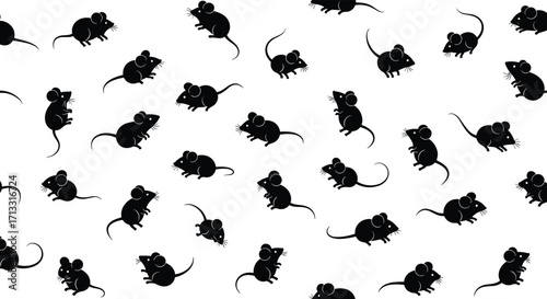 A whimsical pattern of small black mice scattered across a white background.