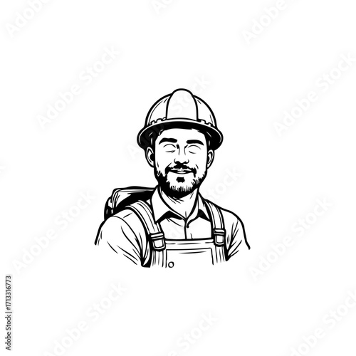 Illustration of a joyful construction worker smiling wearing helmet and overalls with straps and