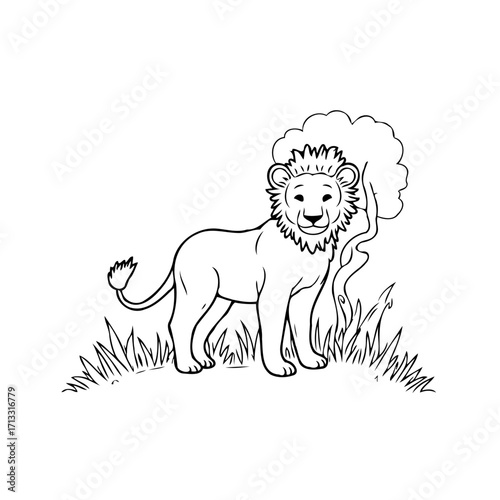 Illustration of a majestic lion standing proudly amidst tall grass and a curious tree