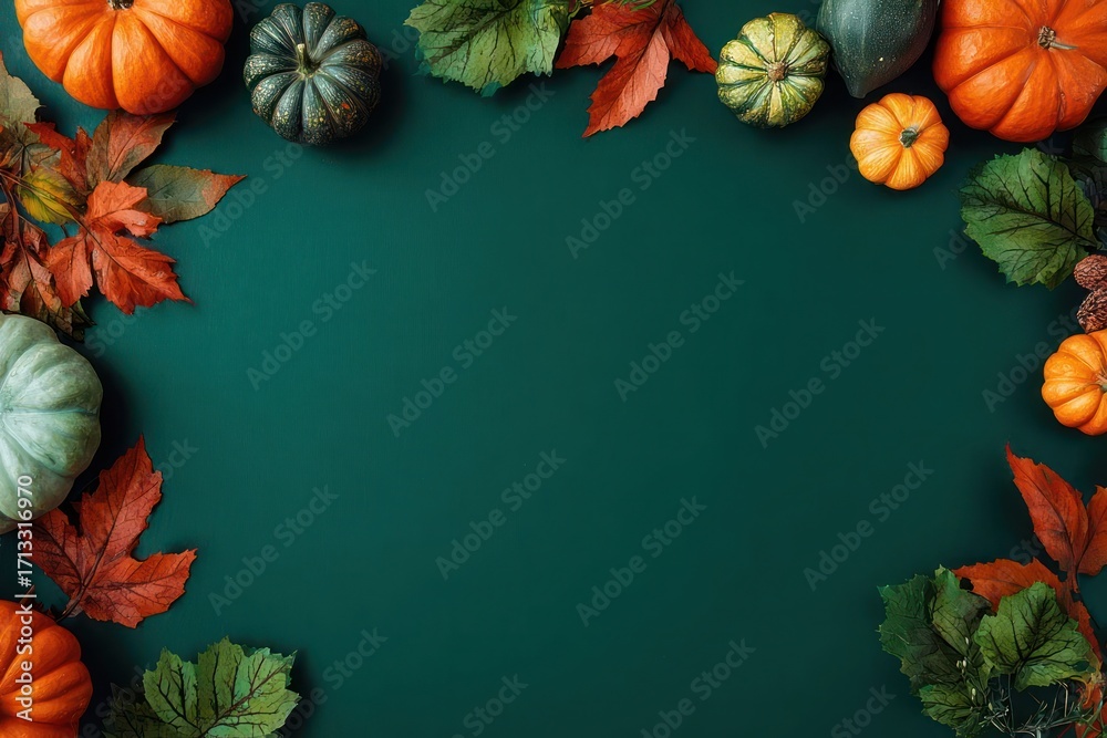 Fototapeta premium Festive autumn harvest border of pumpkins gourds and colorful fall leaves on dark teal background