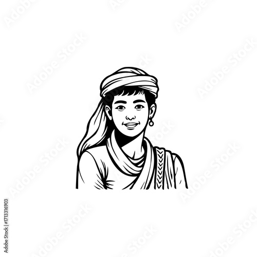 Illustration of a smiling young individual adorned with a traditional turban and elegant shawl