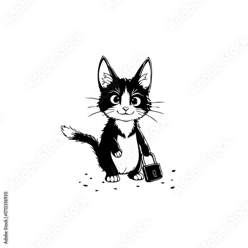 Illustration of a whimsical black and white cat holding a padlock in its paw isolated on white