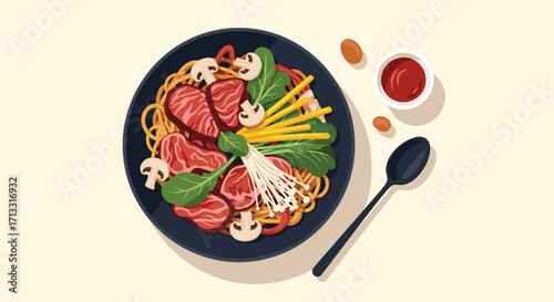 A delicious bowl of noodles with sliced beef mushrooms and greens is ready to be served.