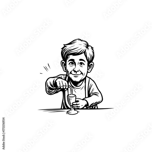 Illustration of a young boy meticulously preparing a delightful beverage with focused