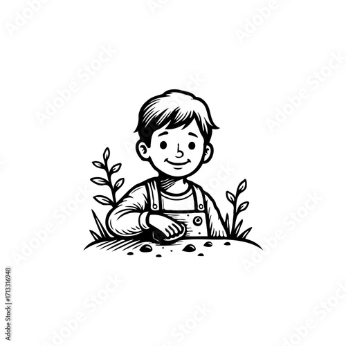 Illustration of a young boy playing outdoors amid nature's serenity evokes pure joy and carefree
