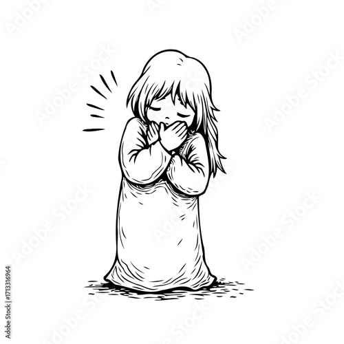 Illustration of a young girl expressing feelings through gesture with monochrome tones showcasing