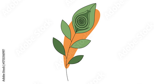 A delicately drawn illustration of a botanical element featuring green leaves and a patterned spiral inside an orange shape.