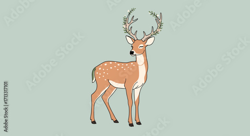 A graceful deer with antlers adorned with flowers and leaves stands calmly in a soft green field.