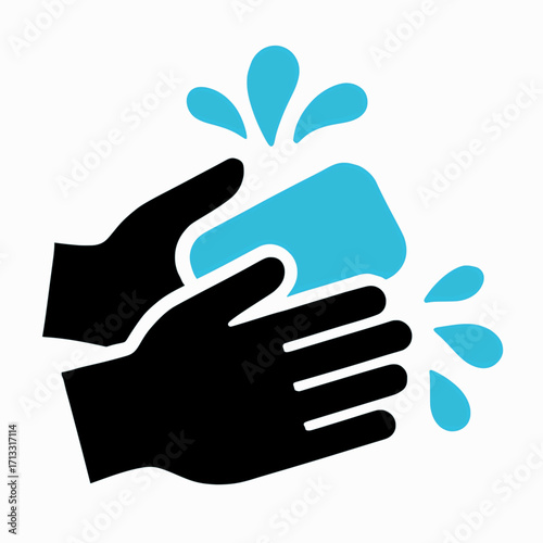 A vector graphic of hands washing with a bar of soap and water splash, solid colors, white background
