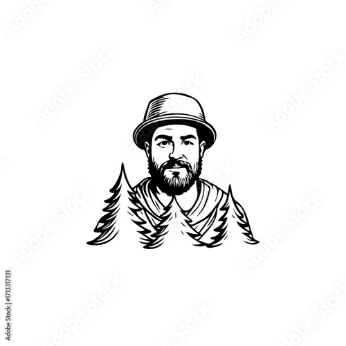 Illustration showcasing outdoorsman clad in hat emerging from a grove of coniferous woodland trees