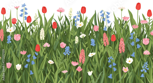 A vibrant garden filled with blooming tulips hyacinths and daisies during springtime.