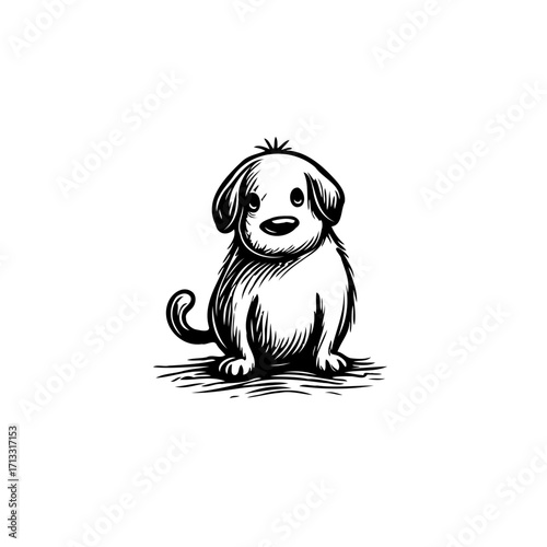 Illustrative black and white dog depiction: Simple design puppy with whimsical features in
