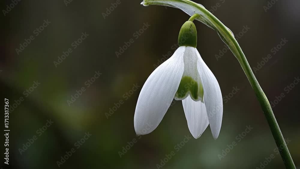 A white bell-shaped flower with a green center hangs from a curved stem set against a dark diffused background A white bell-shaped flower with a green center hangs from a curved stem set against a dark diffused background