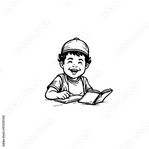 Illustrative drawing of a cheerful young boy engaged in reading showcasing the joy of learning