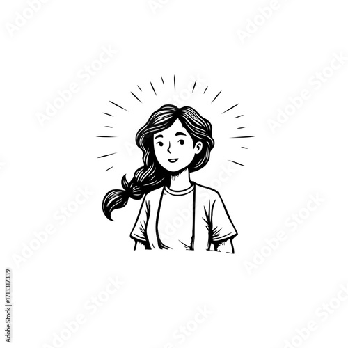 Illustrative portrayal of a charming young woman radiating positivity with glowing aura and