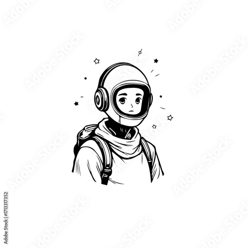 Illustrative portrayal of a young person in an astronaut helmet ready to explore cosmos dreamily
