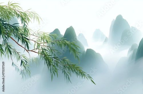 A tranquil image featuring mist - shrouded mountains and bamboo branches, showcasing a natural and serene landscape.