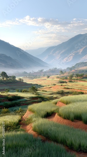 A picturesque landscape featuring green fields and distant mountain ranges under a clear sky.