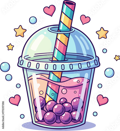 Cute Bubble Tea Cartoon with Colorful Straw, Kawaii Hearts and Stars, Vector Illustration