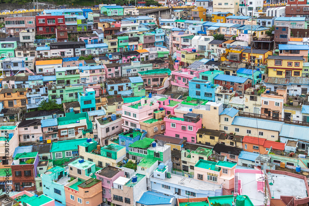 Fototapeta premium Busan, South Korea - 01 Sep, 2025 - Colorful hillside houses at Gamcheon Culture Village, a famous tourist destination known as the “Machu Picchu of Korea.”