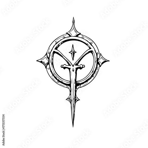 Intricate emblem with circular ring and dagger design, embodying mystique and gothic aesthetics in