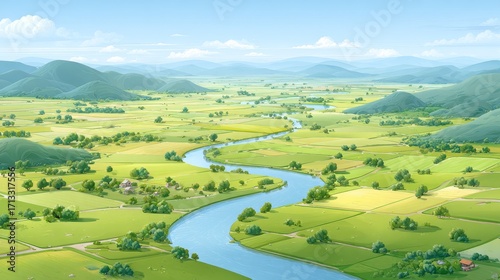 A picturesque countryside scene featuring a winding river meandering through lush green fields and rolling hills under a clear sky.