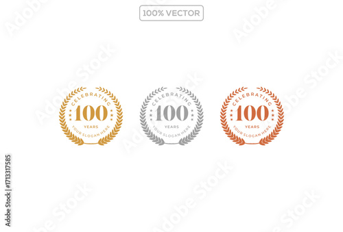 100 anniversary logo luxury circle emblem badge vector design isolated in gold silver brown colors illustration
