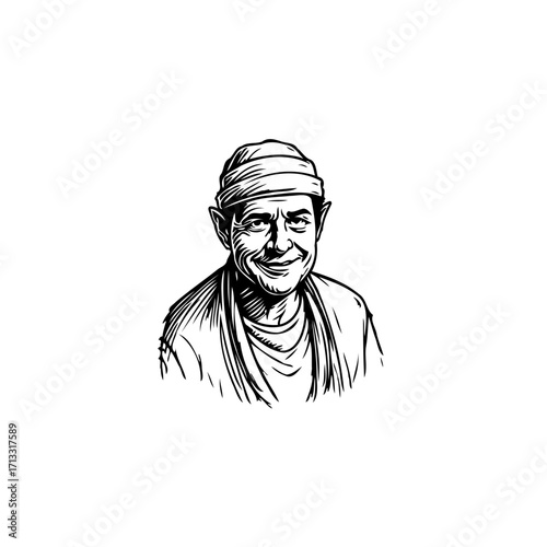 Intricate ink sketch portraying a cheerful elderly man wearing a cozy beanie hat with subtle shadows