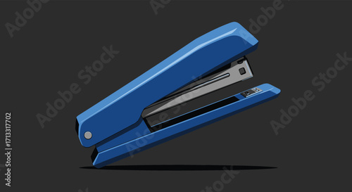 A simple blue office stapler is shown against a dark background.